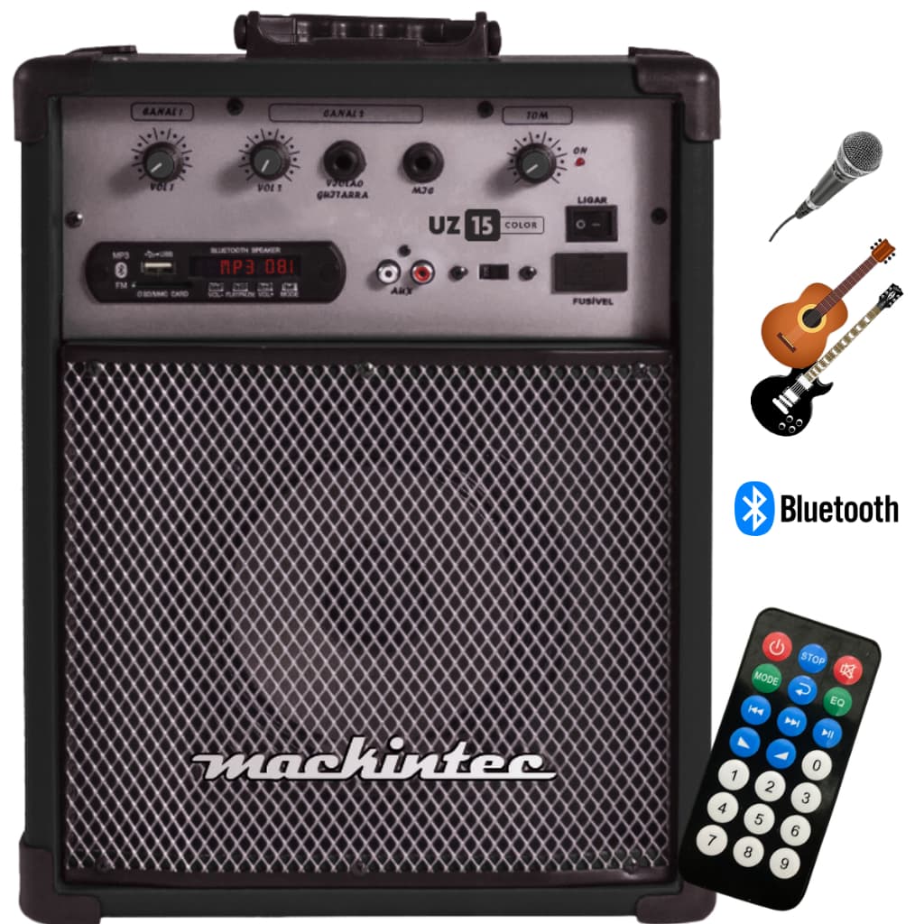 Caixa de som Amplificada Multiuso Mackintec 15W Guitarra Microfone Bluetooth USB SD Rádio amplificador UZ 15 Color