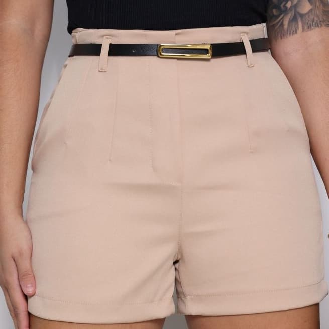 Short alfaiataria feminina social lizo com bolso funcionais zíper lateral acompanha cinto verão 2026