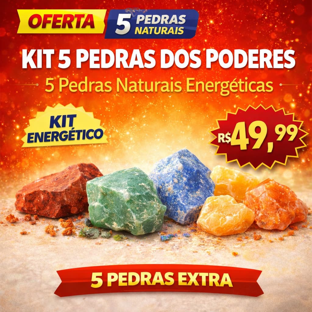Kit Pedra dos 5 Poderes Extra Grande Bruta – Jaspe Vermelho Quartzo Azul Verde Calcita Laranja Citrino Cristais Naturais
