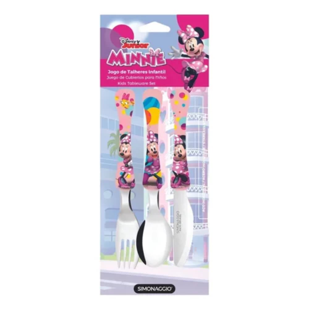 Jogo de Talheres Infantil Minnie Disney Inox 3 Peças | Kit Criança Seguro