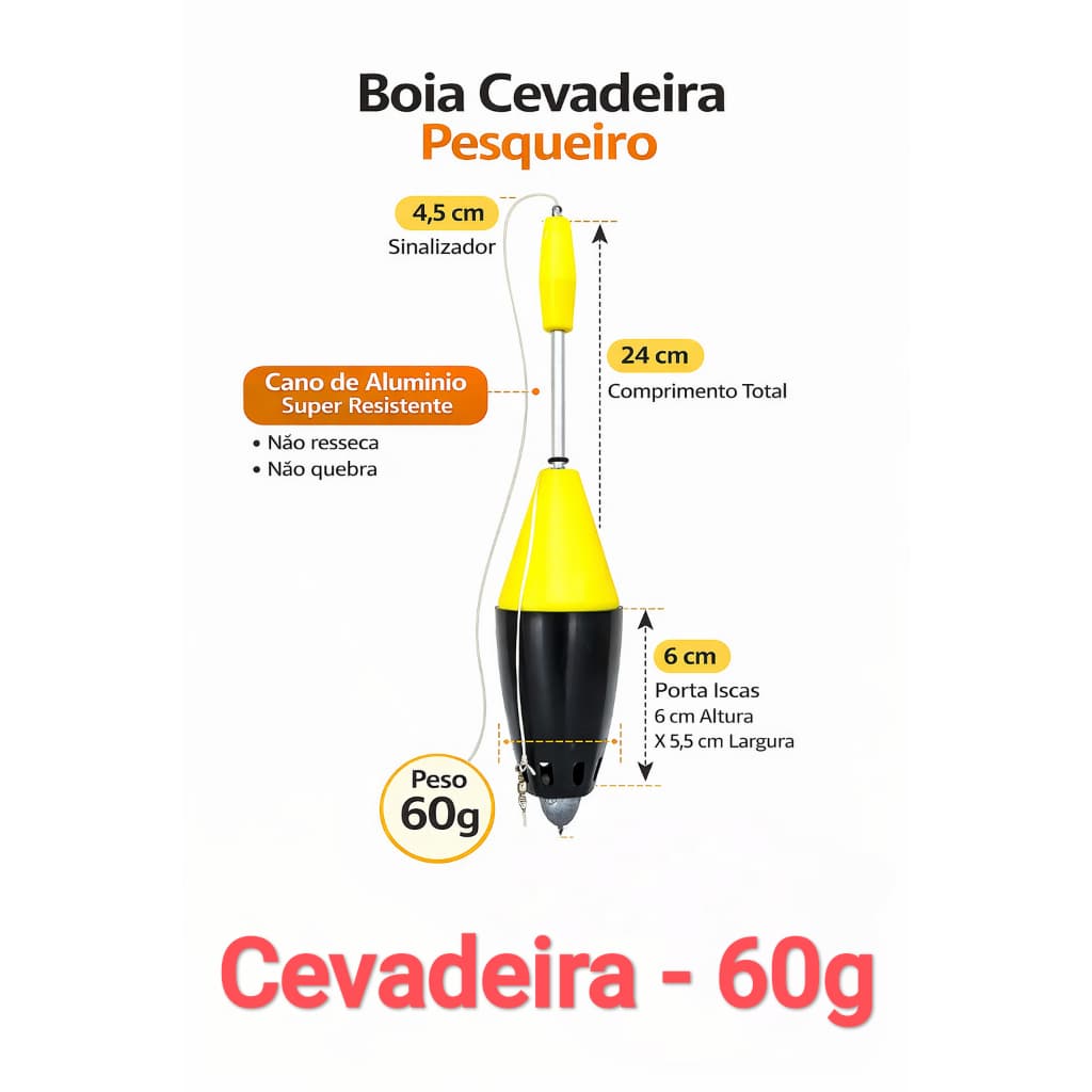 Boia Cevadeira de Pesca 60g 1un Pesqueiro Pacu Tamba Arremesso Cano Aluminio Ceva Superficie Moreira