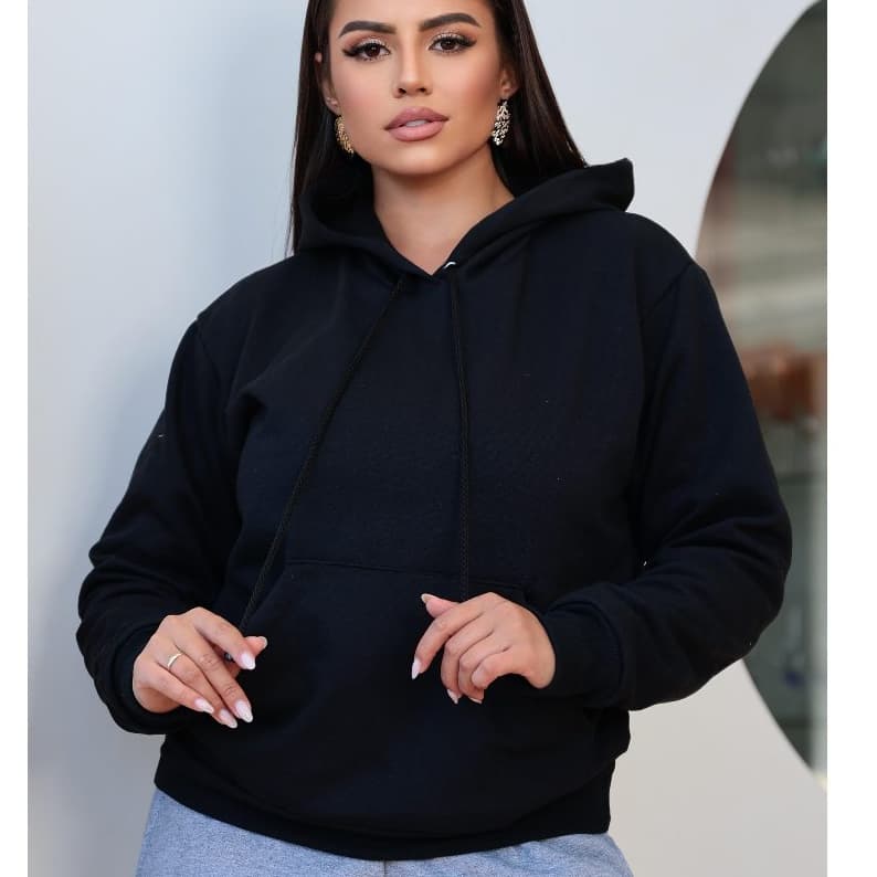 Moletom Feminino Flanelado Blusa de Frio Canguru com Capuz e Bolso Lisa Blusão Inverno  - M ao GG