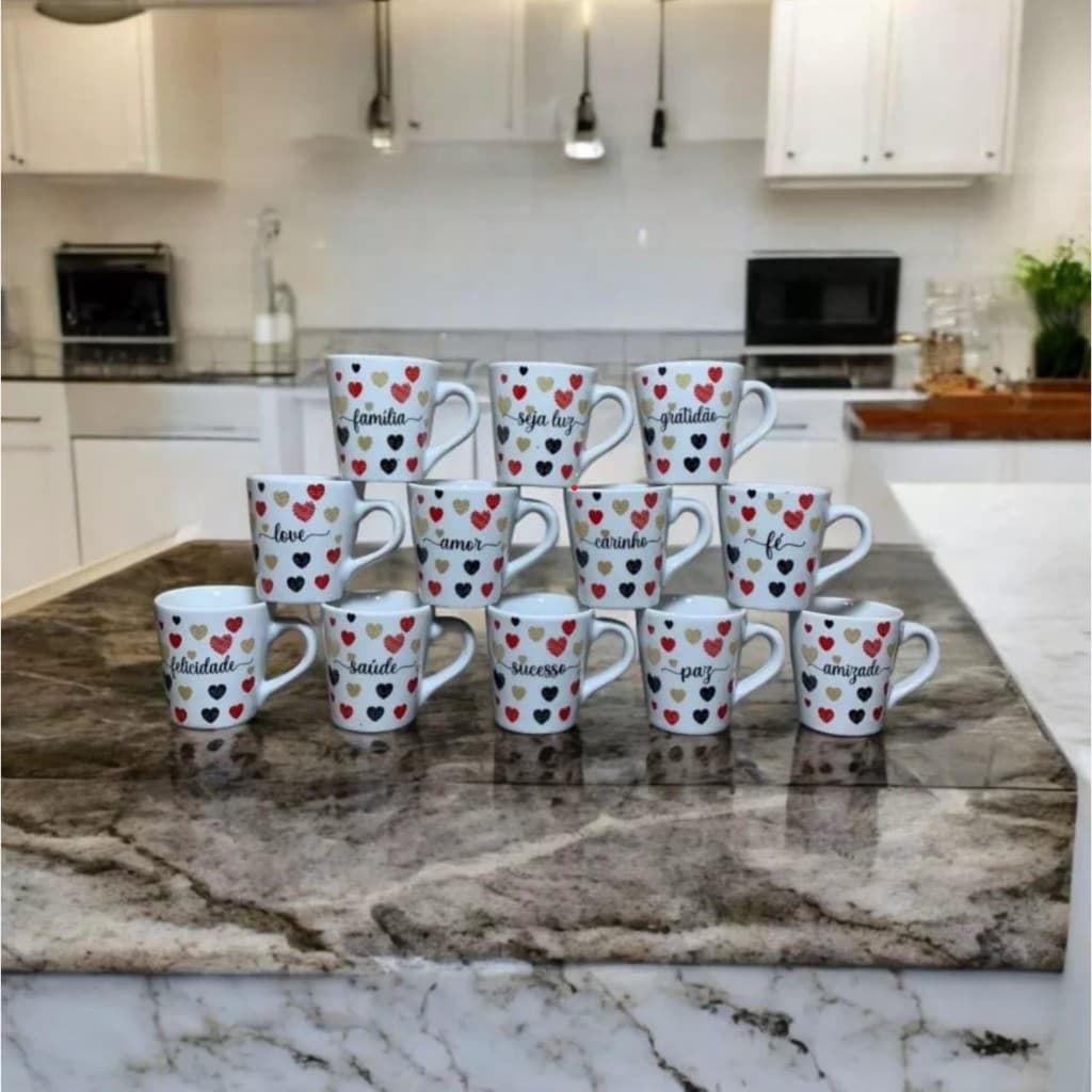 Jogo 12 Caneca Porcelana Frases Coração Motivação Xícara Chá Café