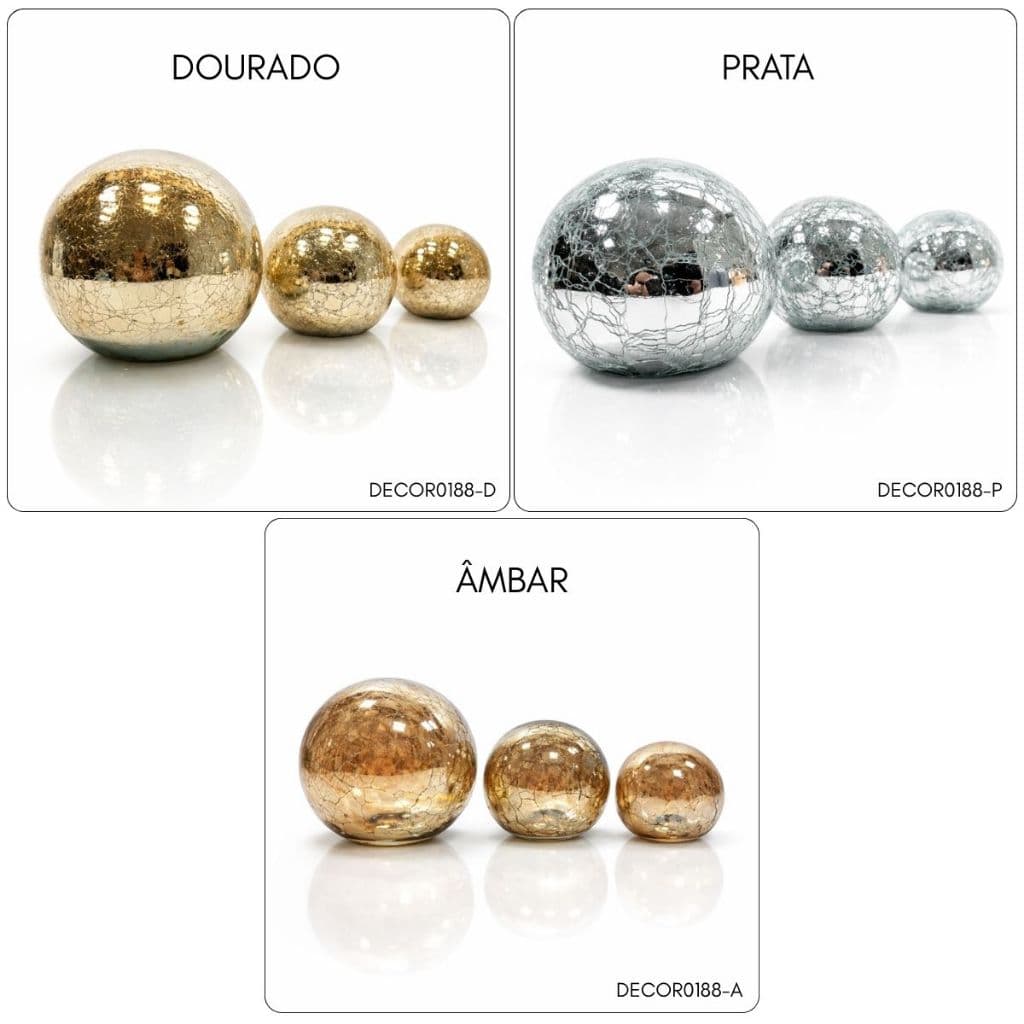 Kit Decoração Esferas 3 Bolas De Vidro Craquelado Espelhado