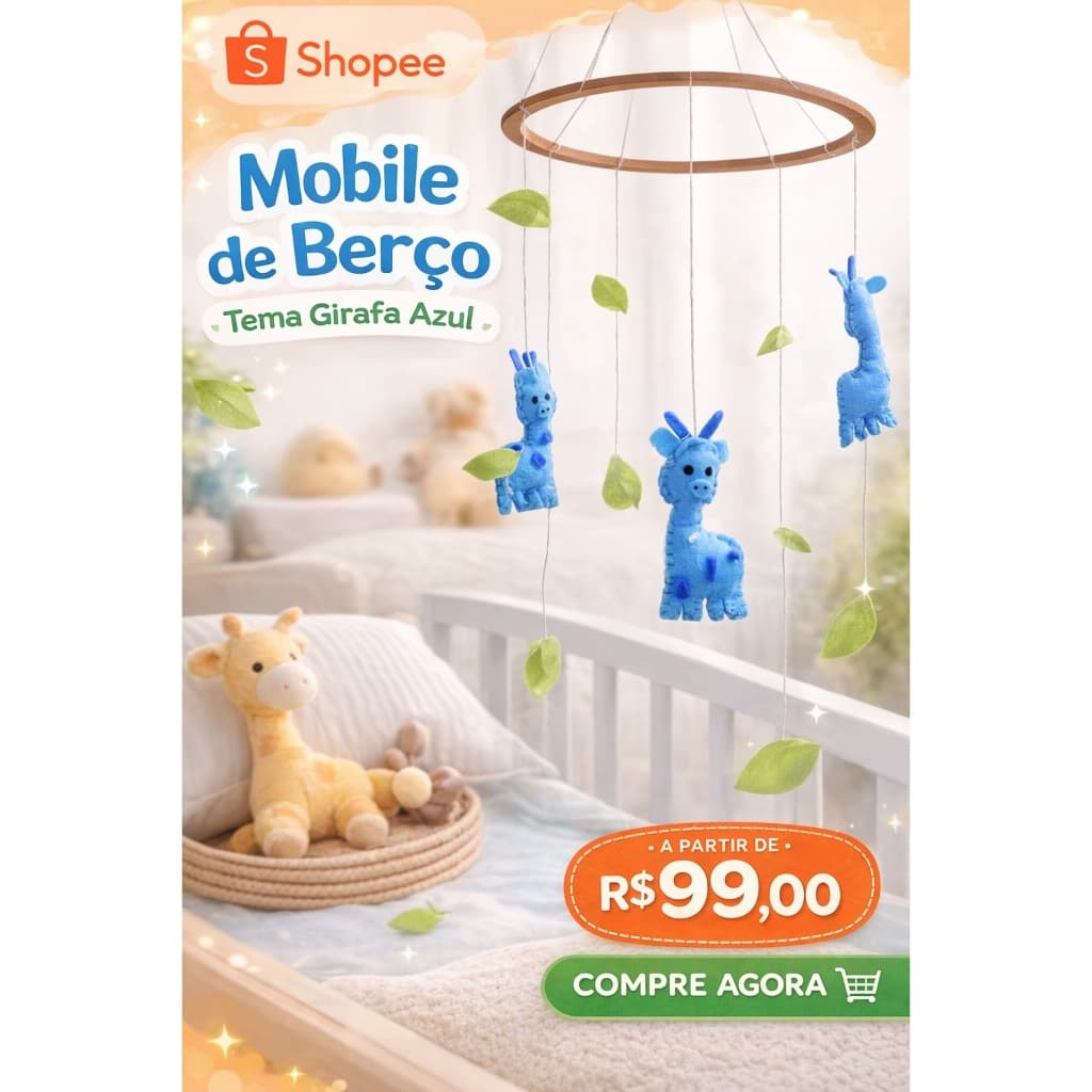 Móbile de Berço Girafa Azul em Feltro – Decoração Quarto de Bebê Safari | Mobile Infantil Artesanal
