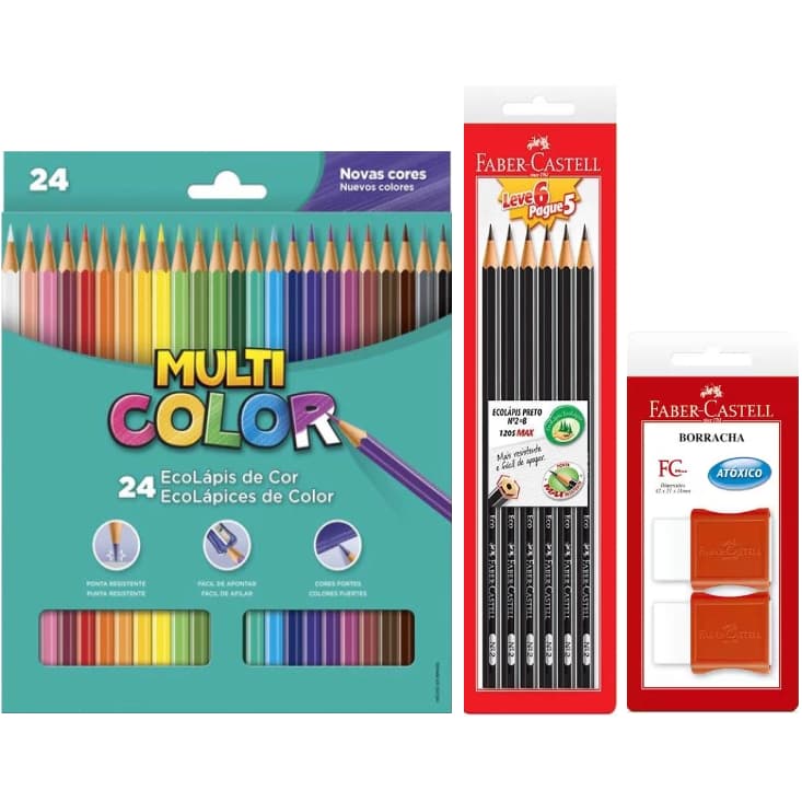 Kit Lápis de Cor 24 Cores + 6 Lápis de Escrever + 2 Borrachas Brancas Faber-Castell