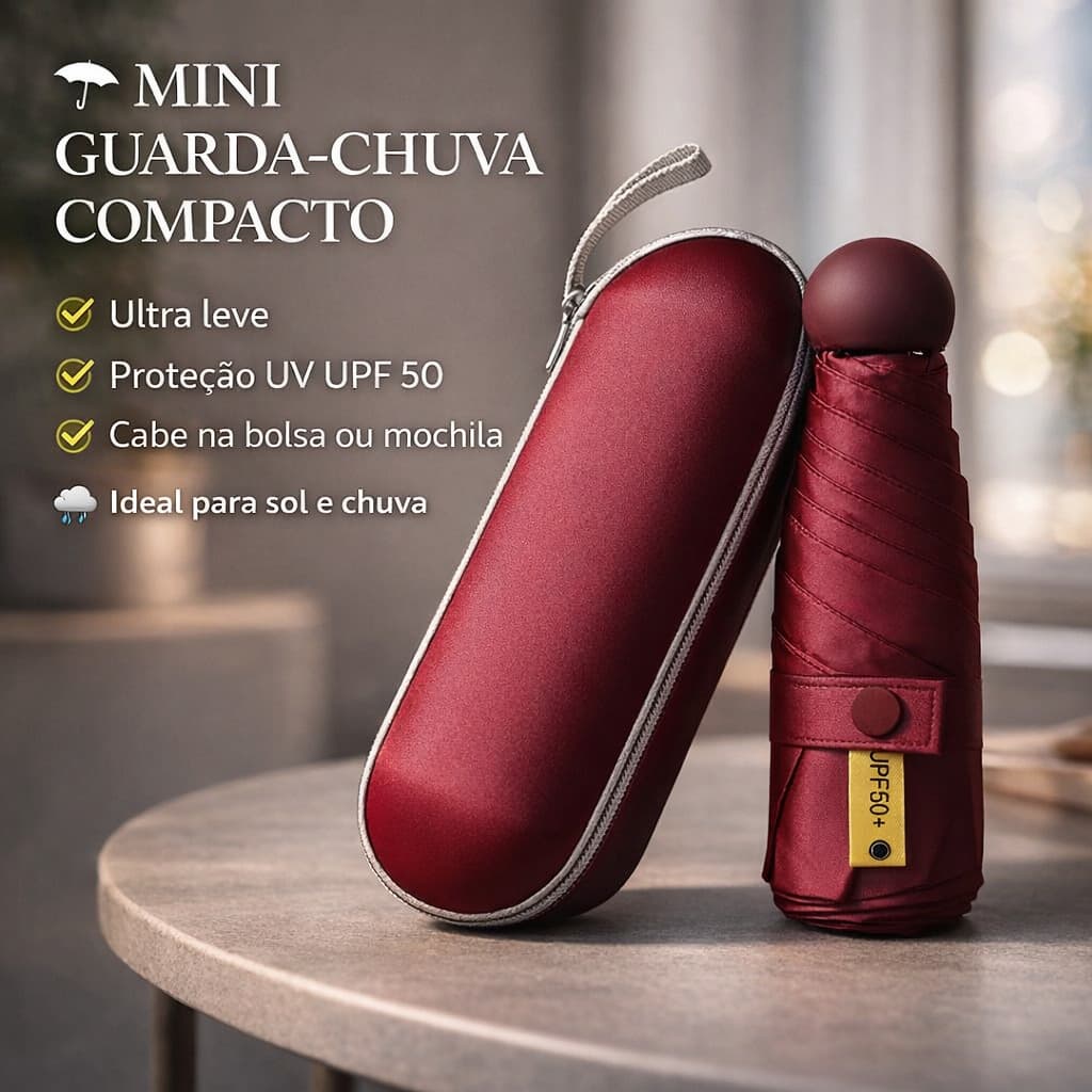 Mini Guarda Chuva Sombrinha De Bolsa Leve Pequeno Compacto Com Estojo - Vermelho