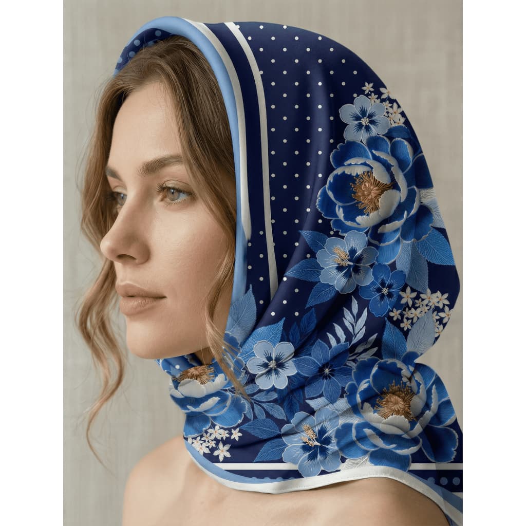 Lenço Feminino Sublimado Cetim Grande Cabelo Bolsa 90x90 Cm Floralis Floral Azul