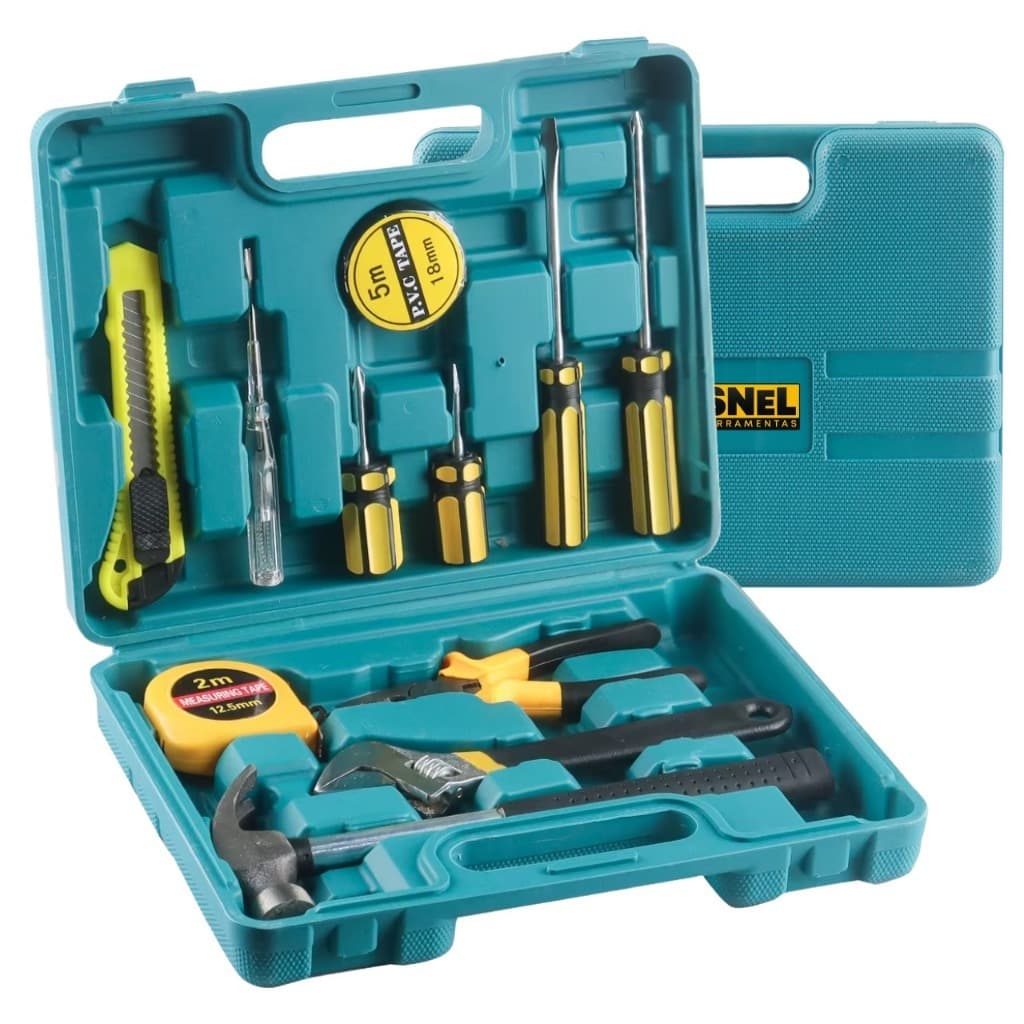 Kit Ferramentas 12 Peças com Maleta Completo Profissional – Martelo, Alicate, Trena e Chaves para Casa e Manutenção