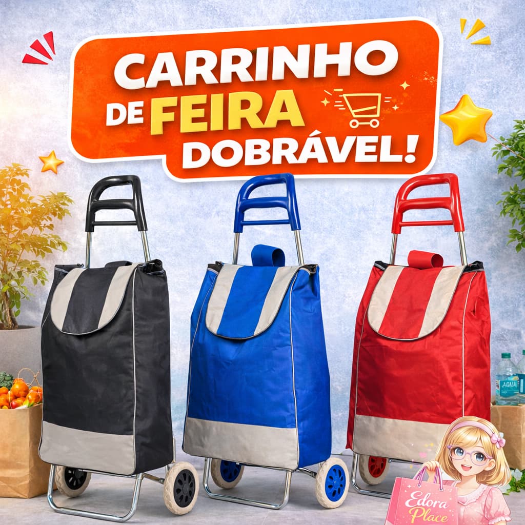 Carrinho de Feira Dobrável Com Bolsa Preto Azul e Vermelho Carrinho de Fazer Compras Mercado