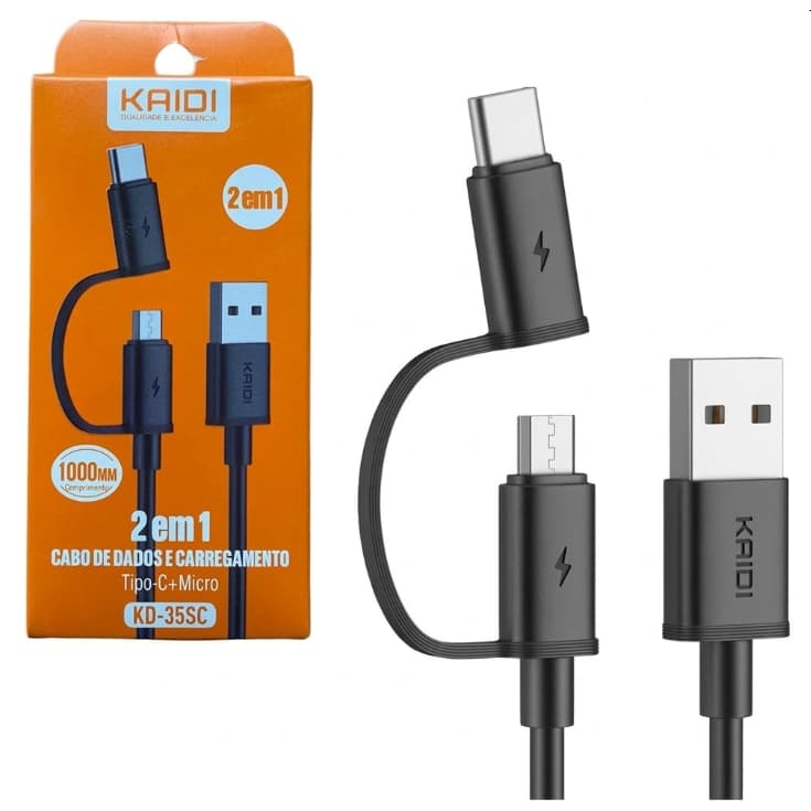 Cabo De Dados e Carregamento 2 em 1 Tipo-C + Micro-USB V8 - Kaidi