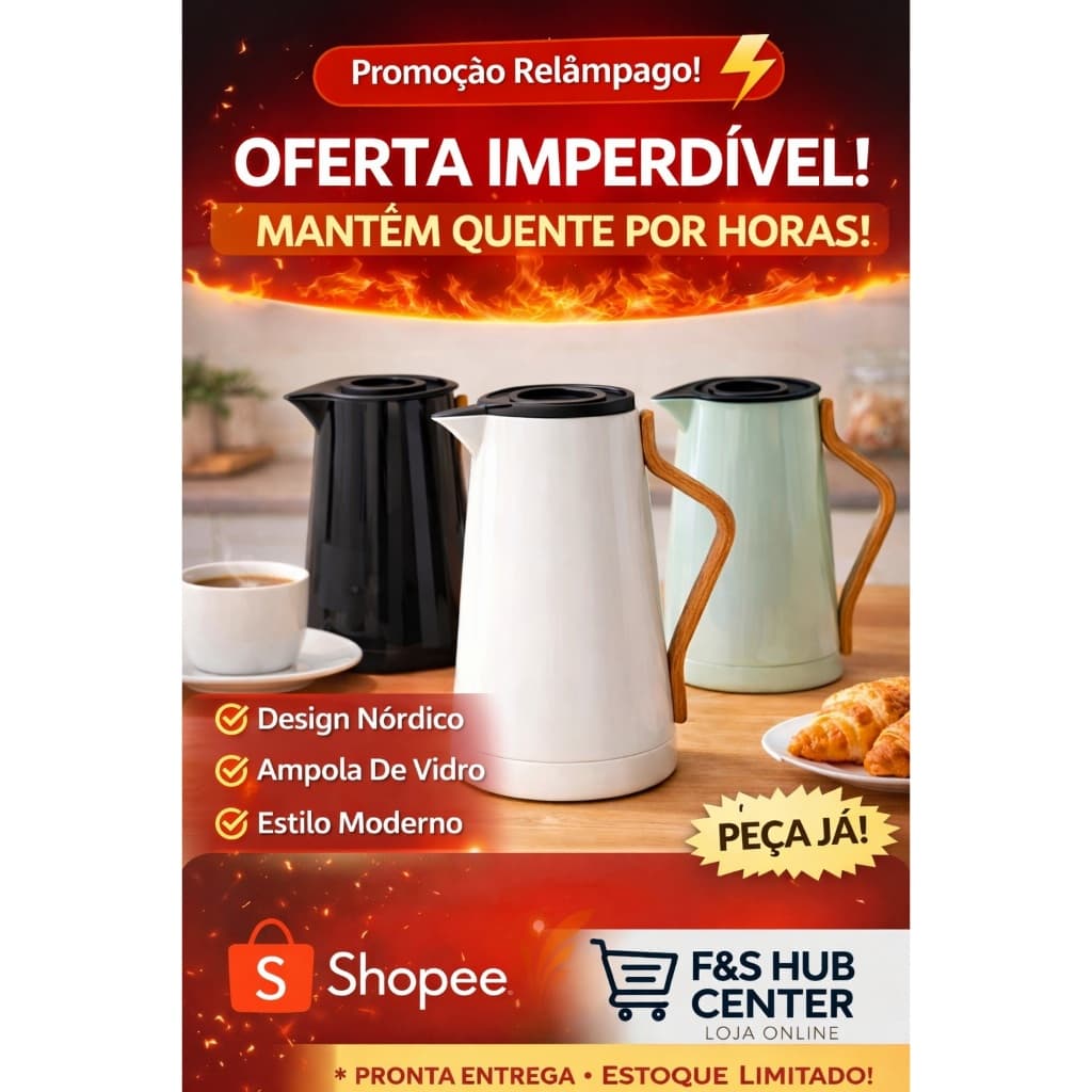 Garrafa Térmica Kyoto 1L Cabo de Bambu – Moderna,Café e Chá Quente ou Frio | Preta, Cinza,Branca