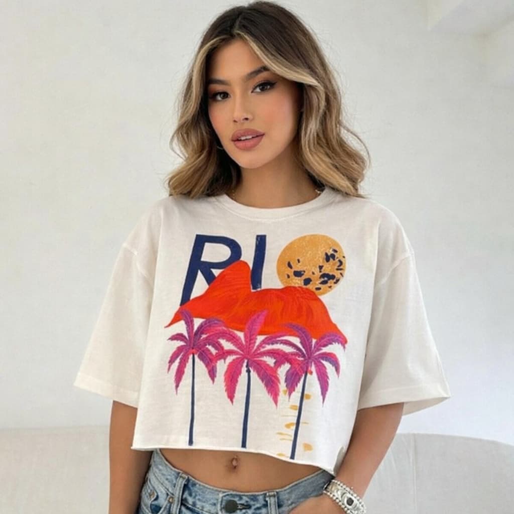 Cropped Feminino Oversized Estampa Rio 3 Coqueiros 100% Algodão Confortável e Estiloso