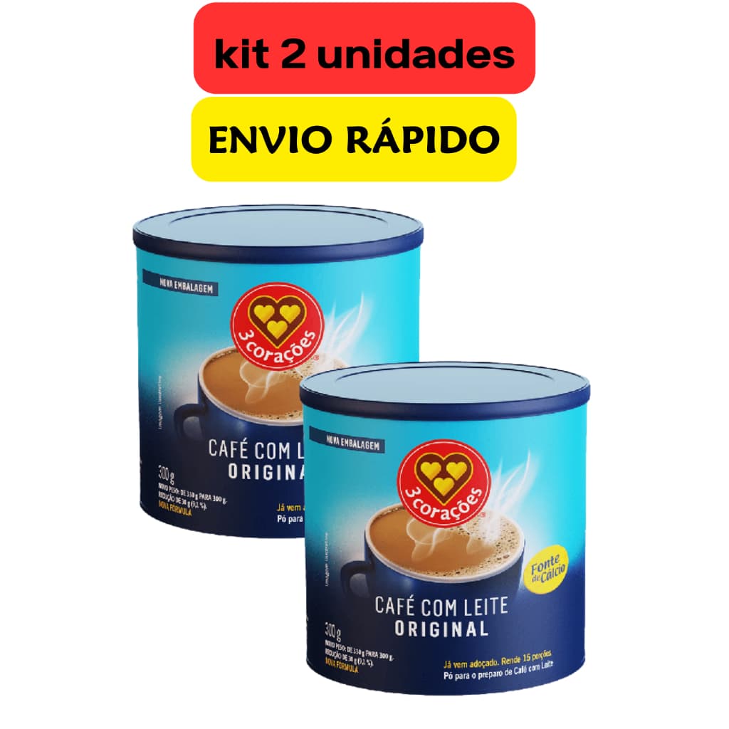 Kit 2x Café com Leite 3 Corações 300g – Solúvel, Cremoso, Prático, Econômico, Atacado e Revenda