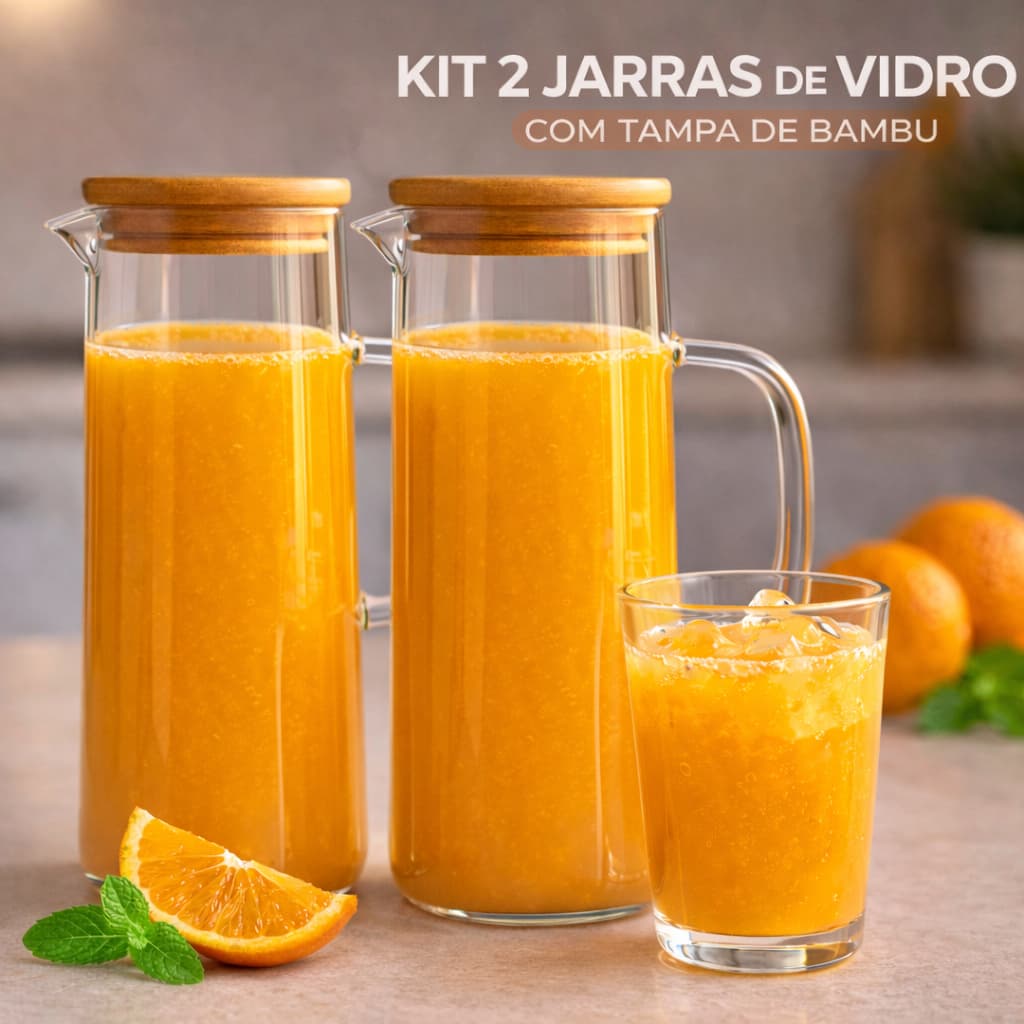 Kit com Duas Jarras de Vidro Borossilicato Transparente com Tampa Bambu Água Suco Bebidas Top Demais