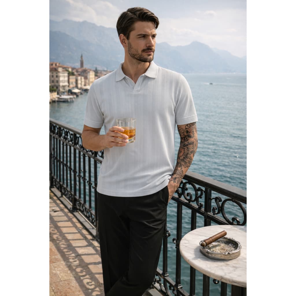 Camiseta Polo Masculina Tricot Sem Botão Com Botão Texturizada Old Money Elegante Social Casual