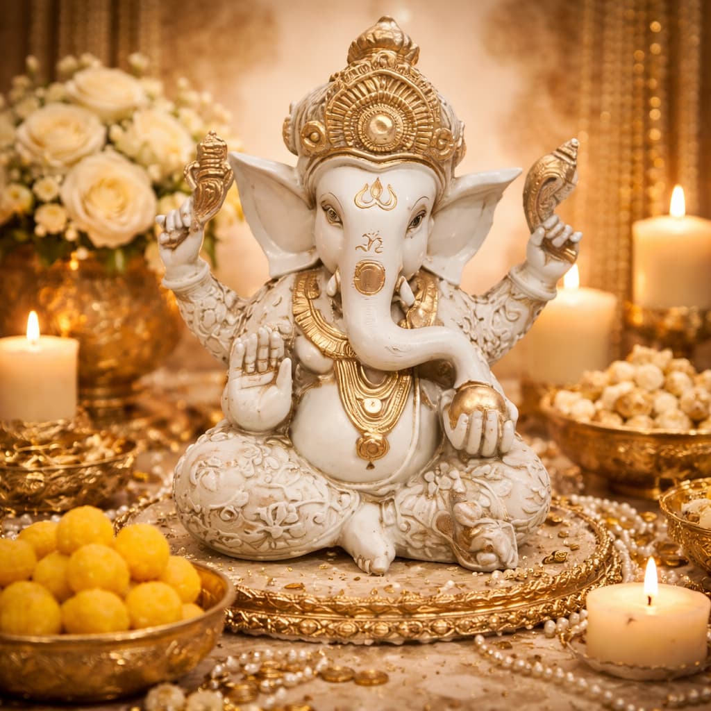 Ganesha Grande Deus Da Fortuna Intelecto Prosperidade Branca e Dourado Feng Shui Em Resina