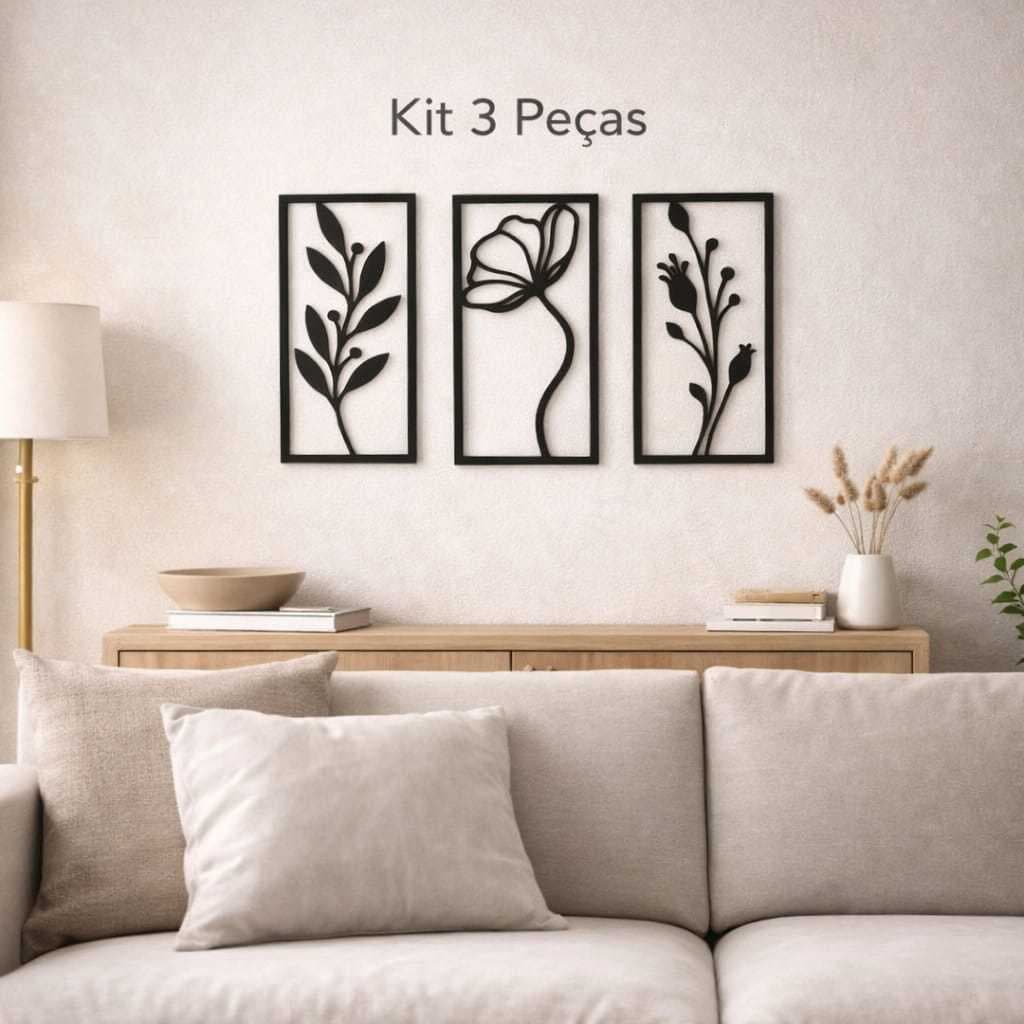 Kit 3 Peças Quadros Decorativos Mdf 3mm Vazado Flor Parede Sala Quarto Corredor Presente Criativo