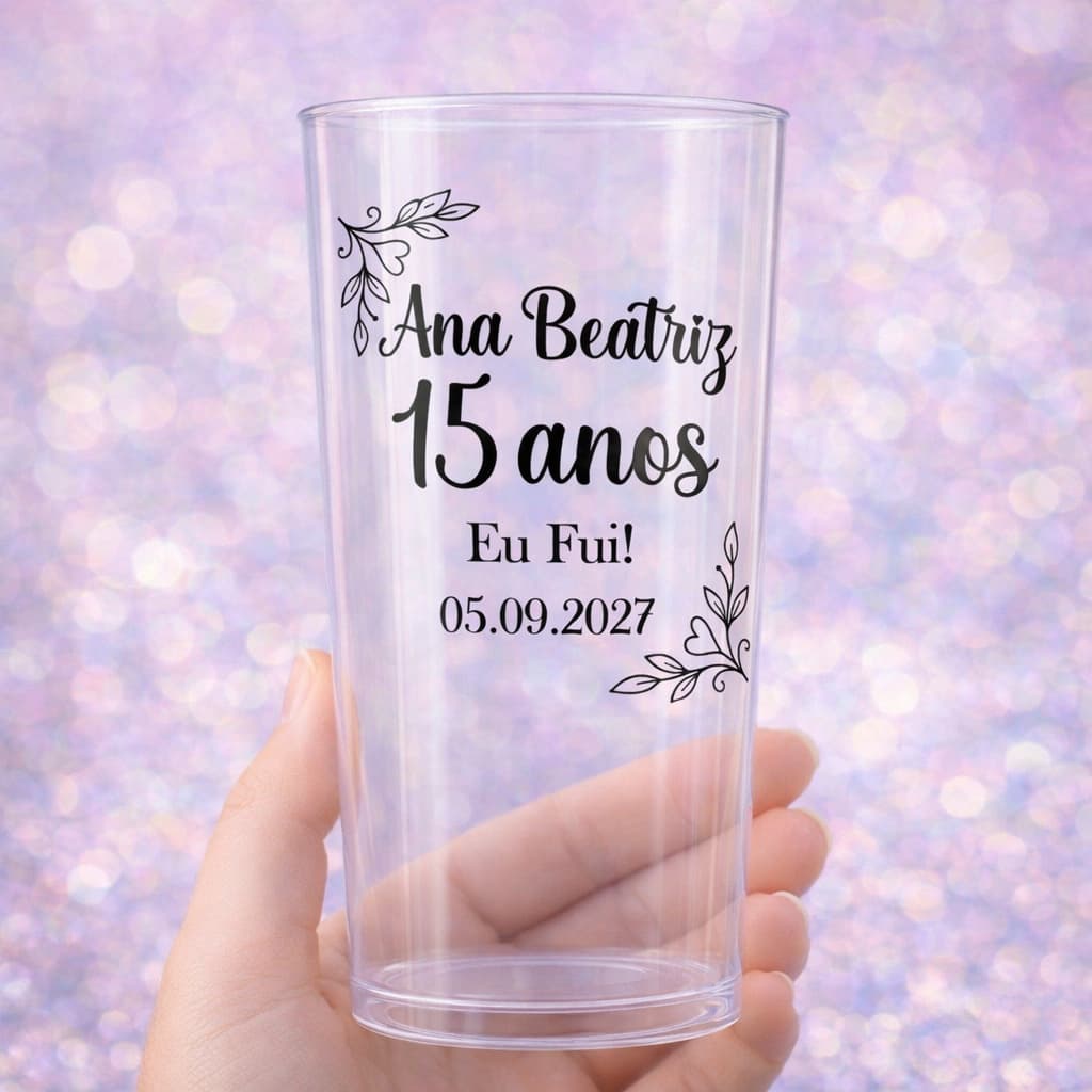 Adesivo Transparente Personalizado 6x9cm para Copo Long Drink | Nome + Idade + Data | Vinil à Prova d’Água | Festa 15 An