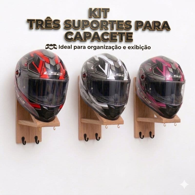 3 Suporte para capacete/ fixado na parede/ com ganchos para chaves, jaquetas e espaço para luvas SEM PERSONALIZAÇÃO