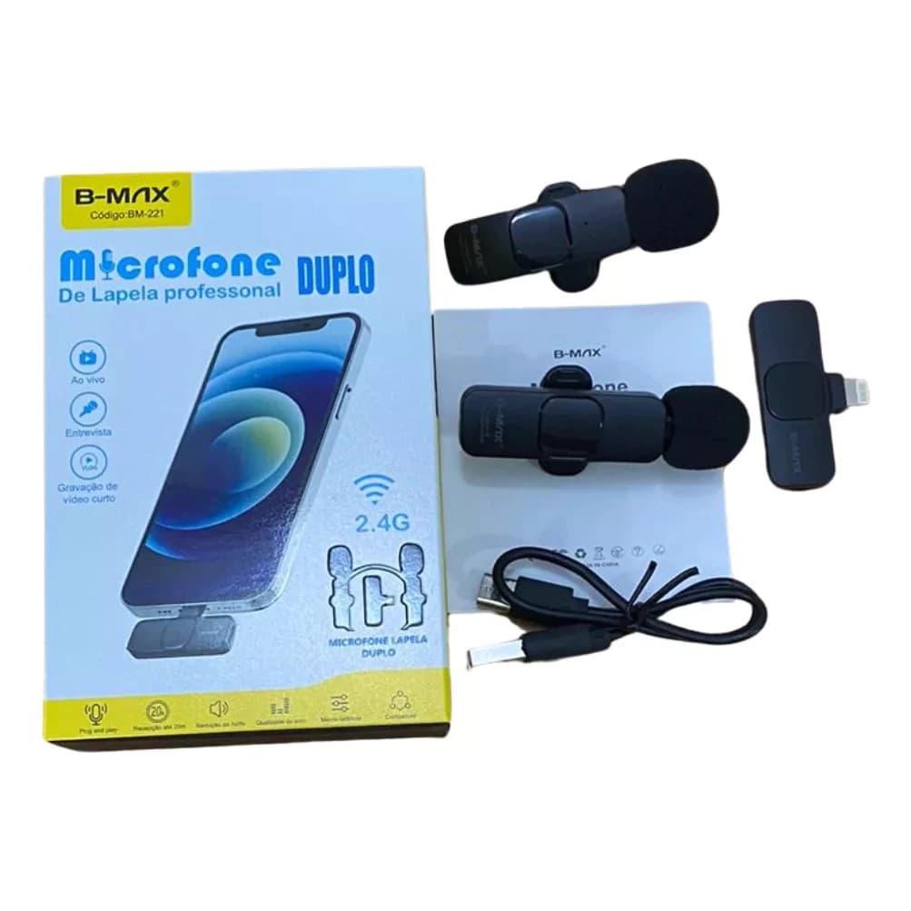 Par De Microfone Lapela Sem Fio Para Lightning Bm-221 Cor Preta (Iphone)