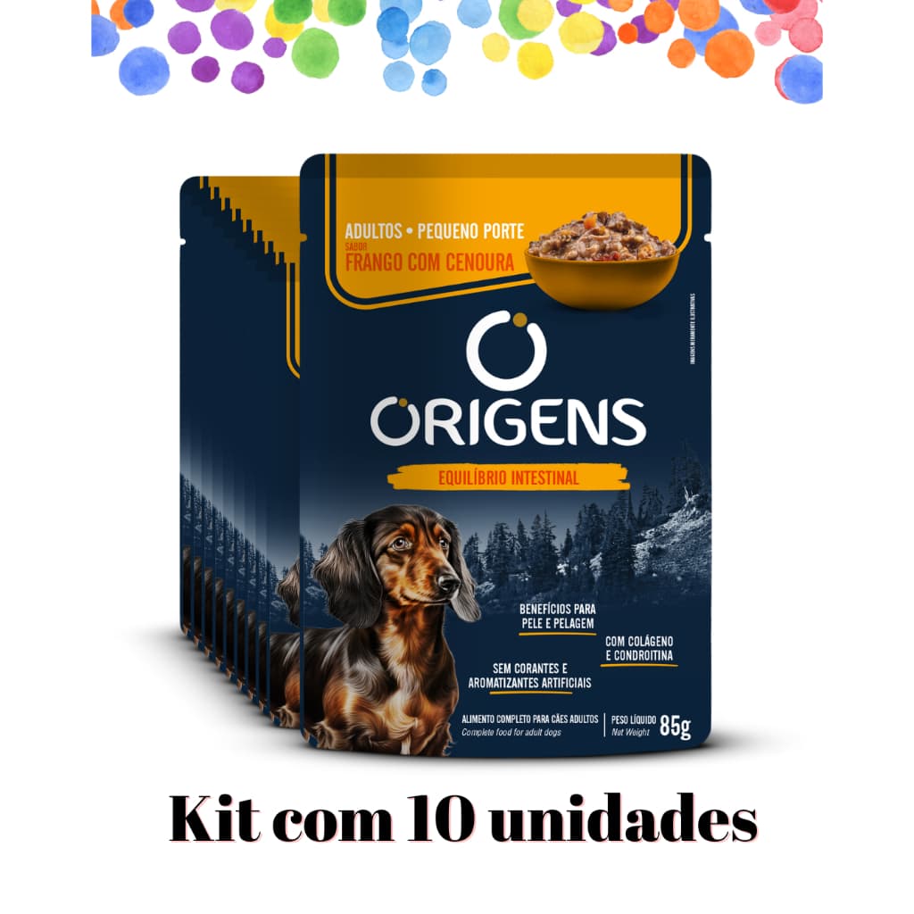 Kit 10 unid - Sachê Origens Premium Especial Cães Adultos Pequeno Porte Sabor Frango com Cenoura 85g