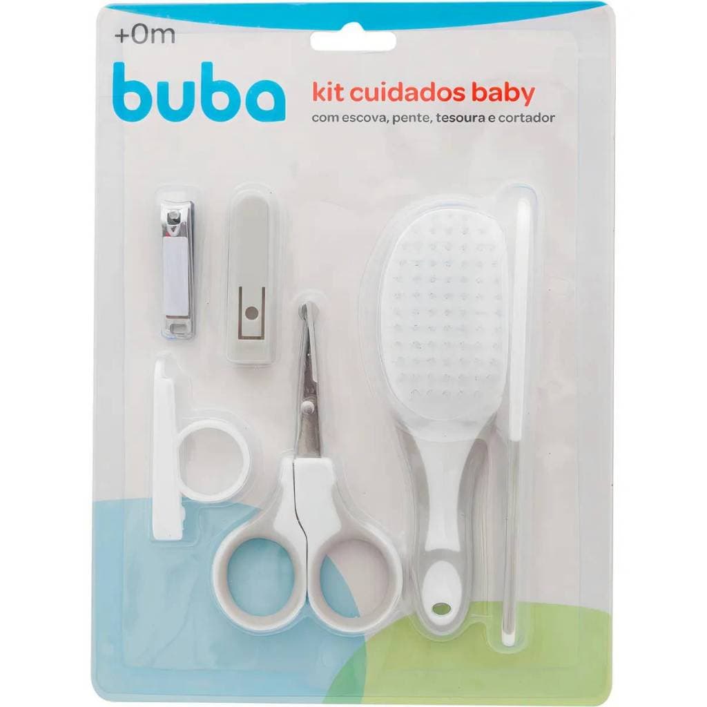 KIT CUIDADOS E HIGIENE PENTE, ESCOVA, CORTADOR DE UNHA E LIXA BUBA BRANCO CINZA