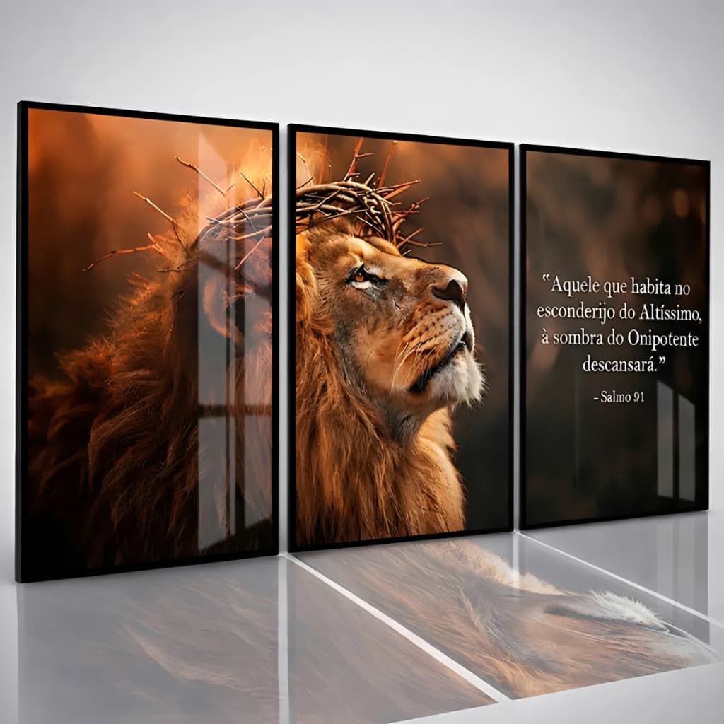 Quadros Decorativos Para Sala Leao Frases 3 Pç Quarto 122x60