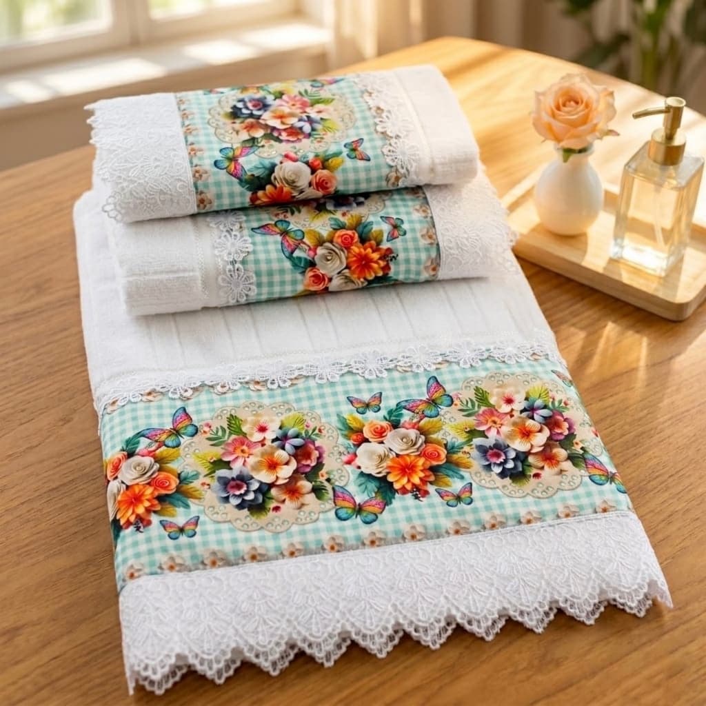 Jogo de Toalhas com Detalhes em Tecido Floral e Renda — 3 Peças (toalha de banho, rosto e lavabo)