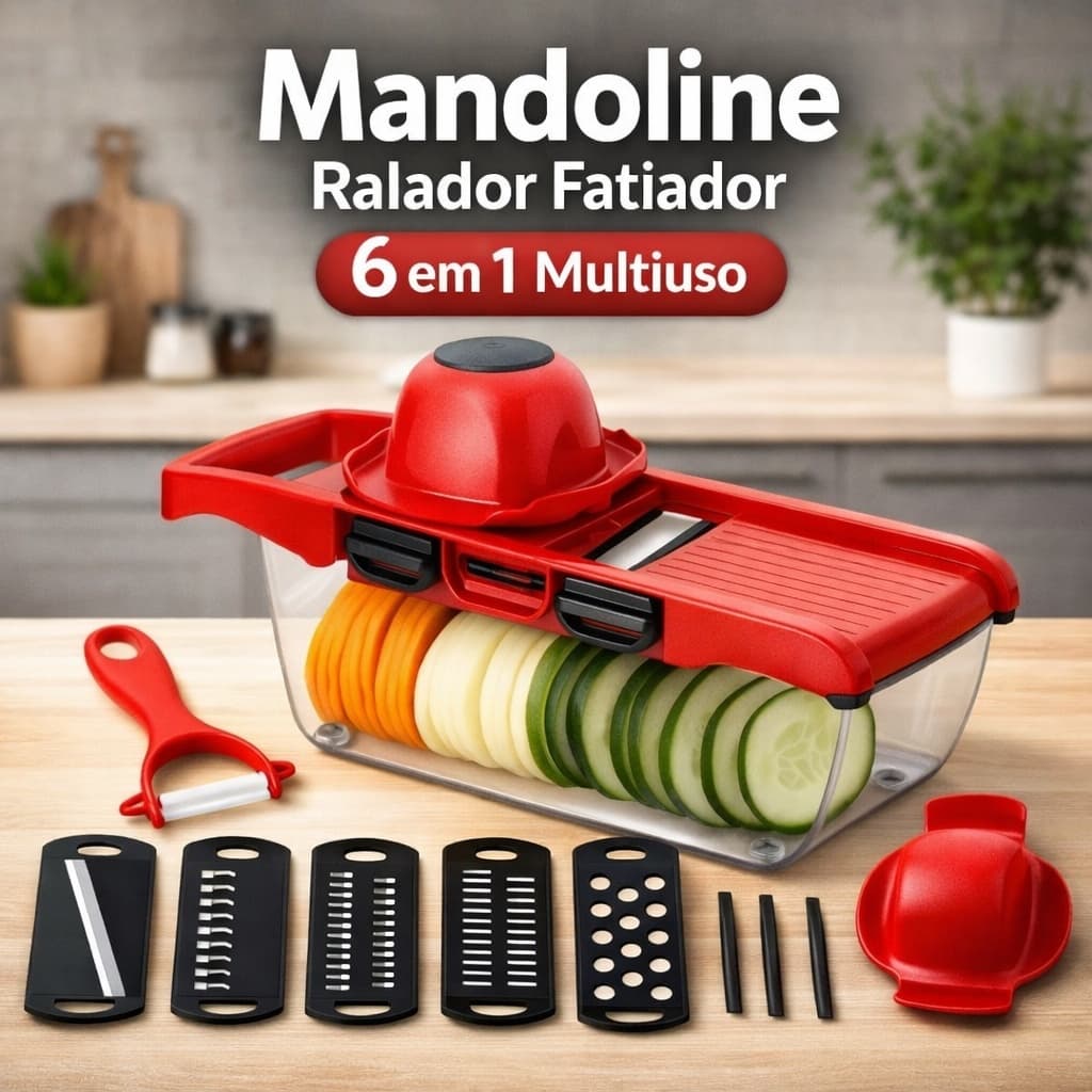 Mandoline Ralador Fatiador 6 em 1 Multiuso Legumes Frutas Queijo com Lâminas e Coletor