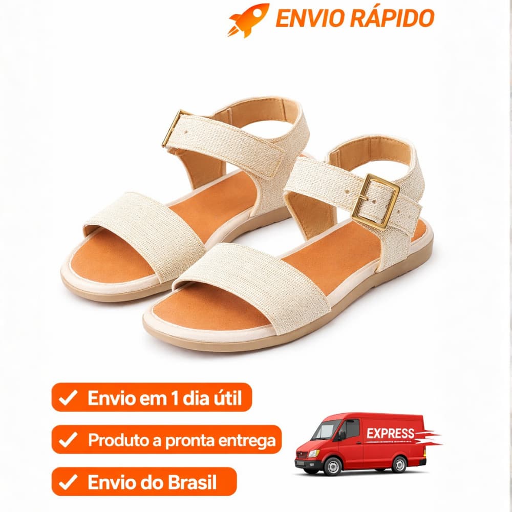 Sandália Rasteirinha DIVA Feminina Bege com Fivela  Dourada Ajustável Confortável Casual Leve Marfim