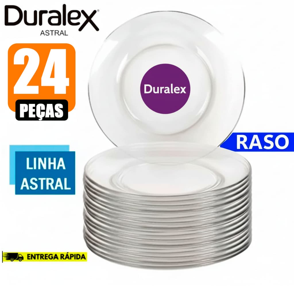 Conjunto Kit 24 Jogo de Pratos Rasos Astral Vidro Temperado para Almoçar e Jantar - Duralex