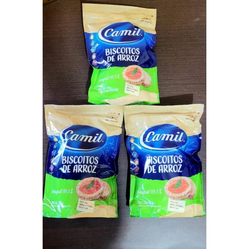 Biscoito de Arroz Integral Camil sem açúcar 3x150g (3 unidades) sem glúten.