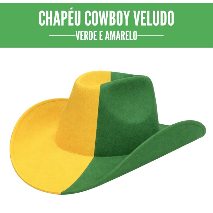 Chapéu Cowboy Veludo Brasil Verde E Amarelo Copa Do Mundo
