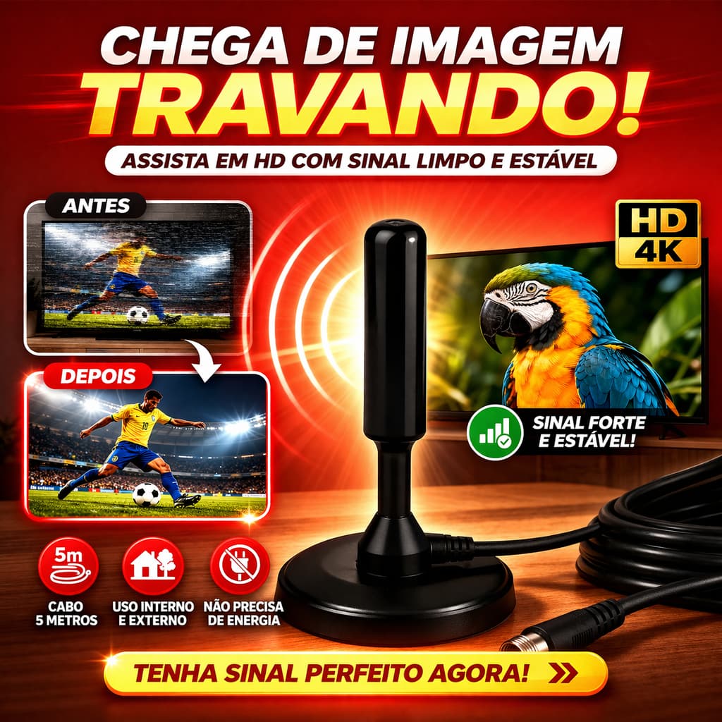 Antena Digital HDTV 3.5 DBI – Interna e Externa com Cabo de 5 Metros para Sinal de Alta Definição<br /> <br /> DESCRIÇÃO