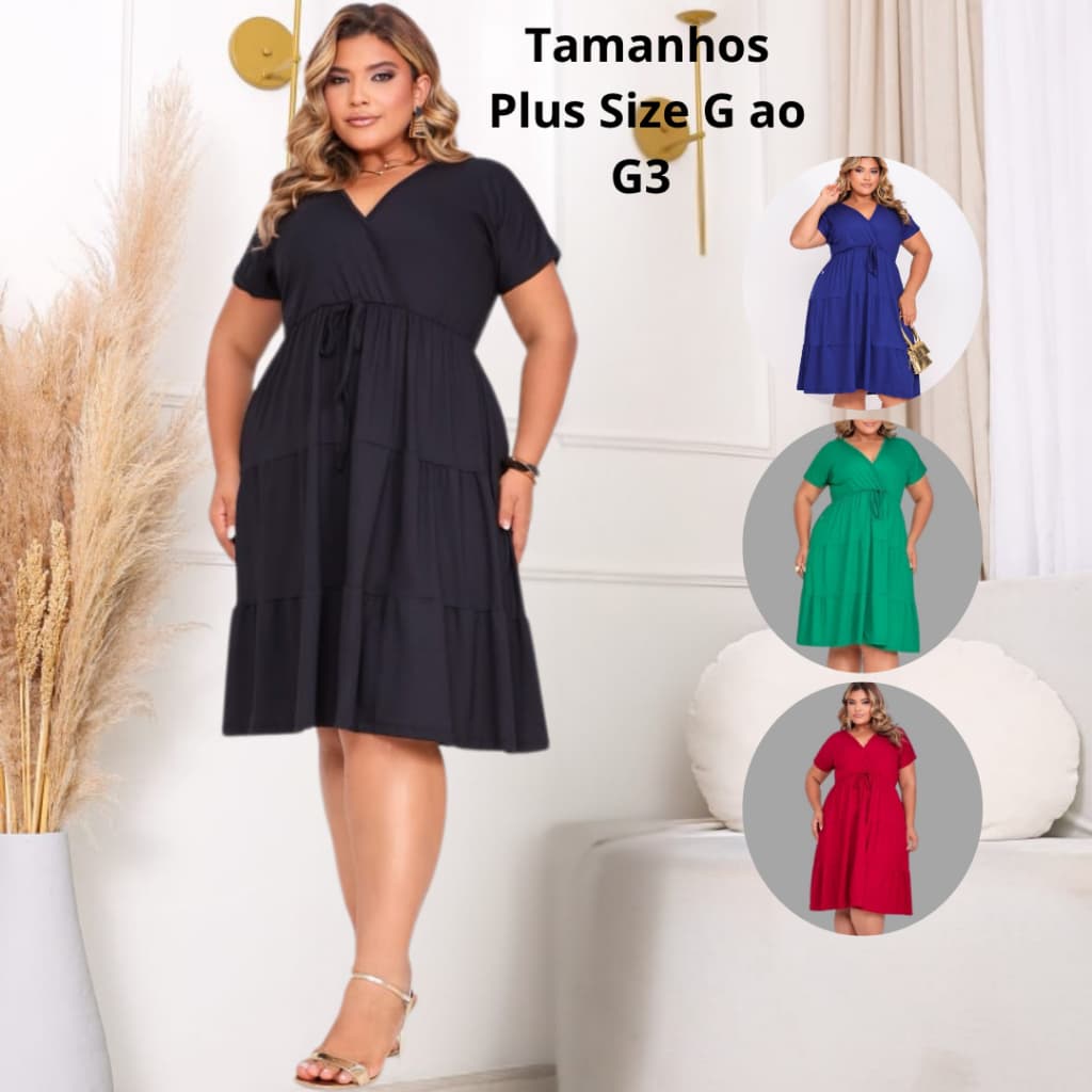 Vestido Plus Size Midi Feminino Soltinho Manga Curta Decote V Casual Elegante Qualidade Premium Top