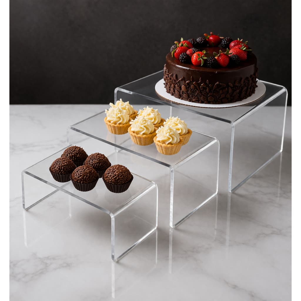 Kit 3 Expositores de Doces em Acrílico 3mm Suporte Bandeja Plataforma para Torta Festa Decoração Vitrine