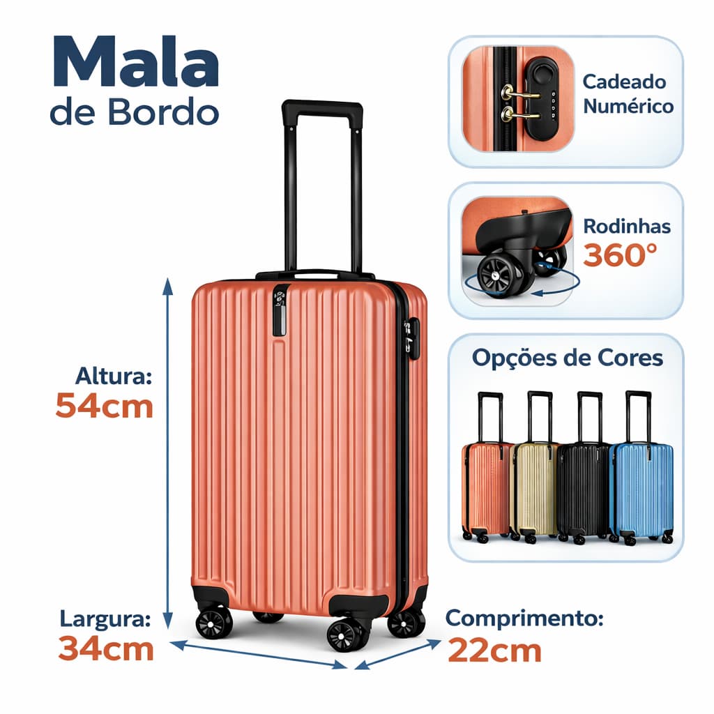 Mala de Viagem Bordo 10kg Fibra ABS Rodinhas 360° e Cadeado ANAC 20”