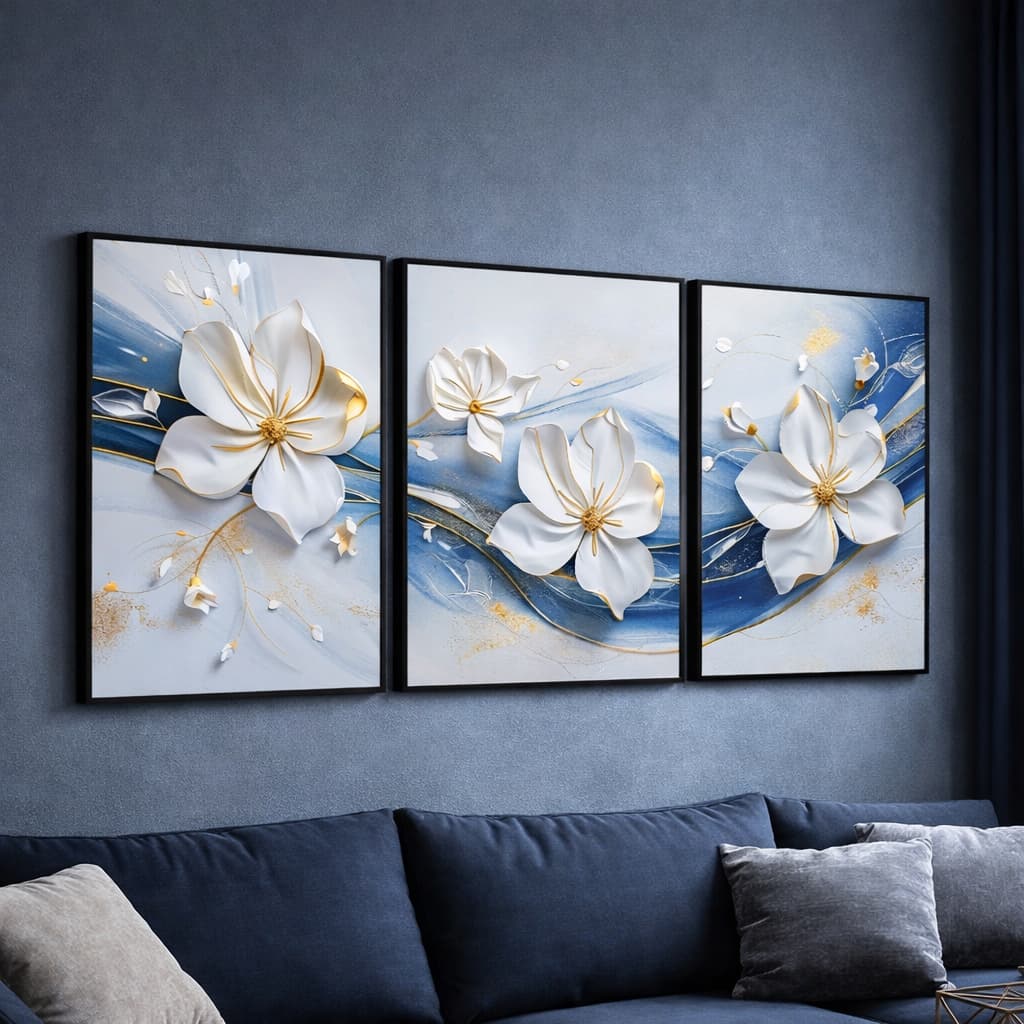 Quadro Decorativo Delicado Flores Brancas e Azuis Clean Leve Luxo Elegante Moderno Decoração Sala
