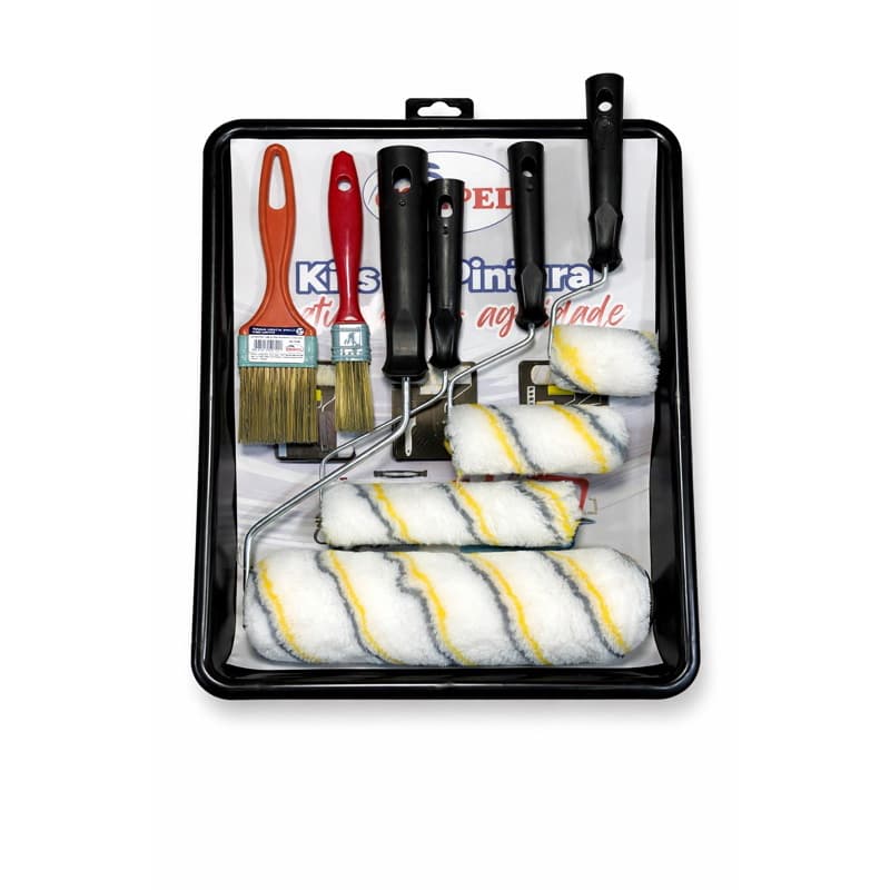 Kit Pintura Profissional 8 Peças Compel Sem Respingo Rolo 23cm + 3 Rolos + 2 Pincéis + Bandeja Completo