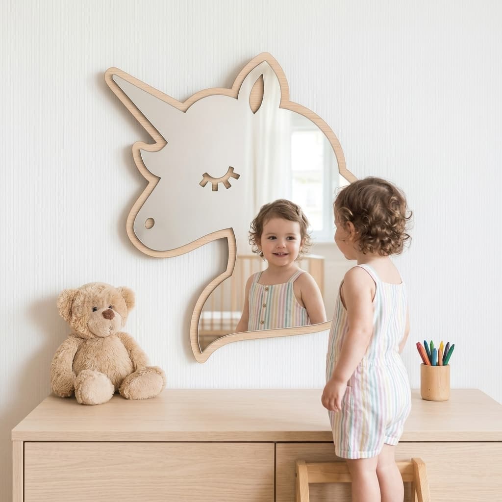 Espelho Montessoriano Infantil Acrílico com Base MDF Seguro para Quarto Bebê