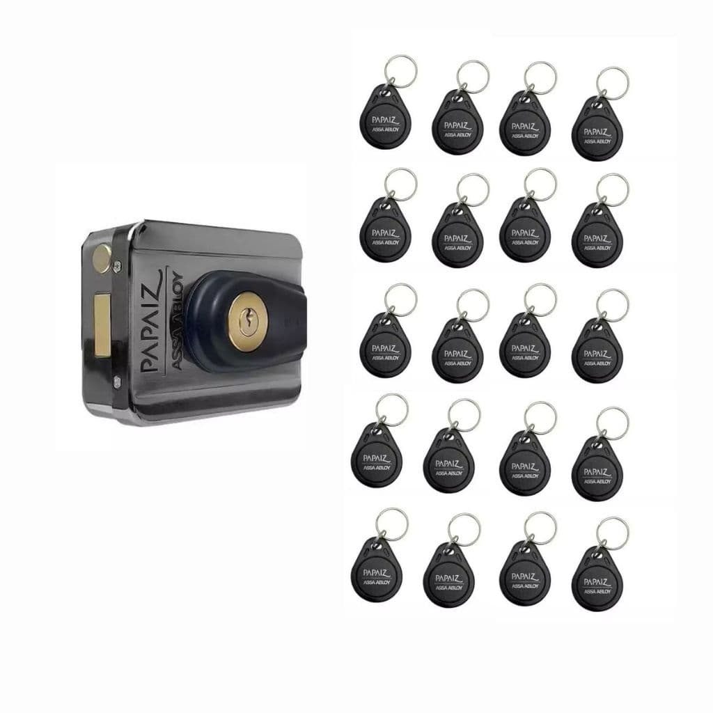 Kit Fechadura Elétrica Para Condominio 20 Chaveiros Tag RFID 12V 433Mhz AA-EML300 Ultra Card Papaiz