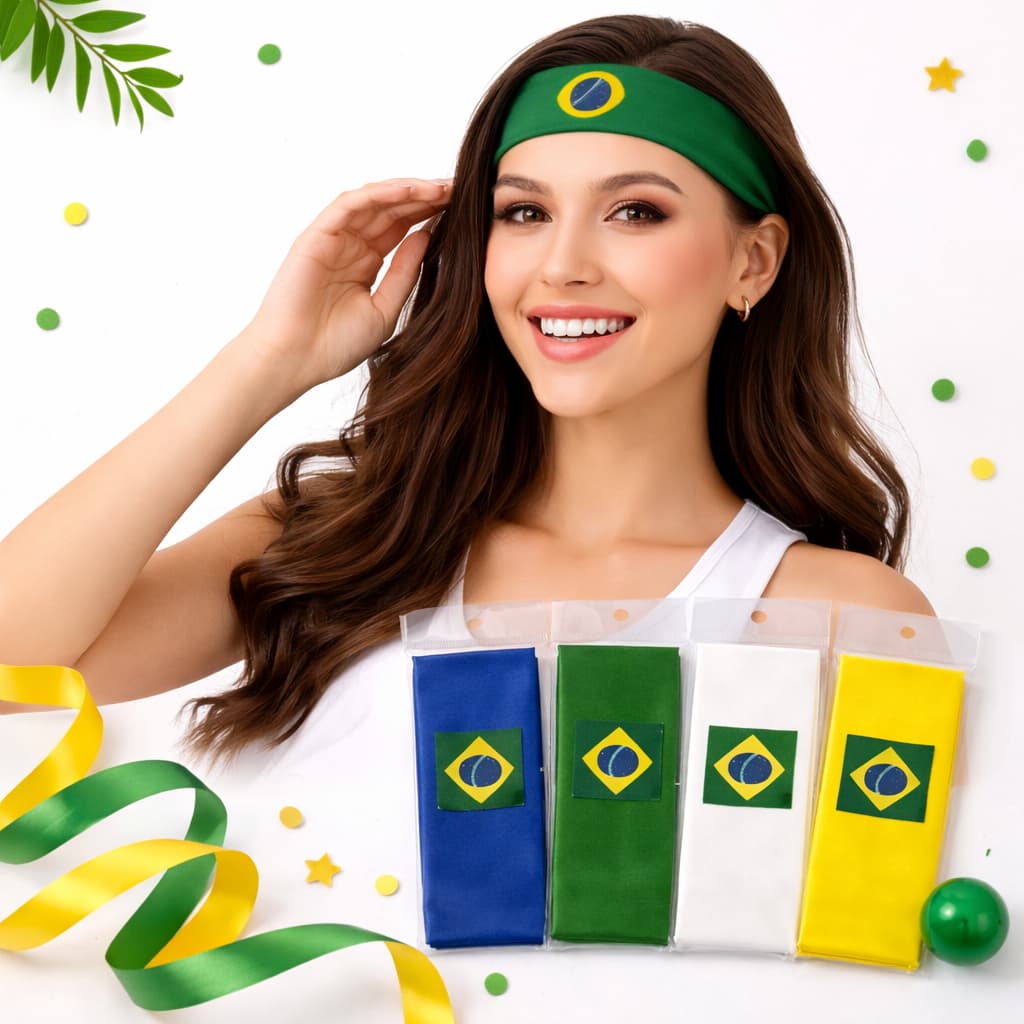 Kit 4 Faixas de Cabelo Brasil 🇧🇷 | Verde, Amarelo, Branco e Azul | Copa do Mundo