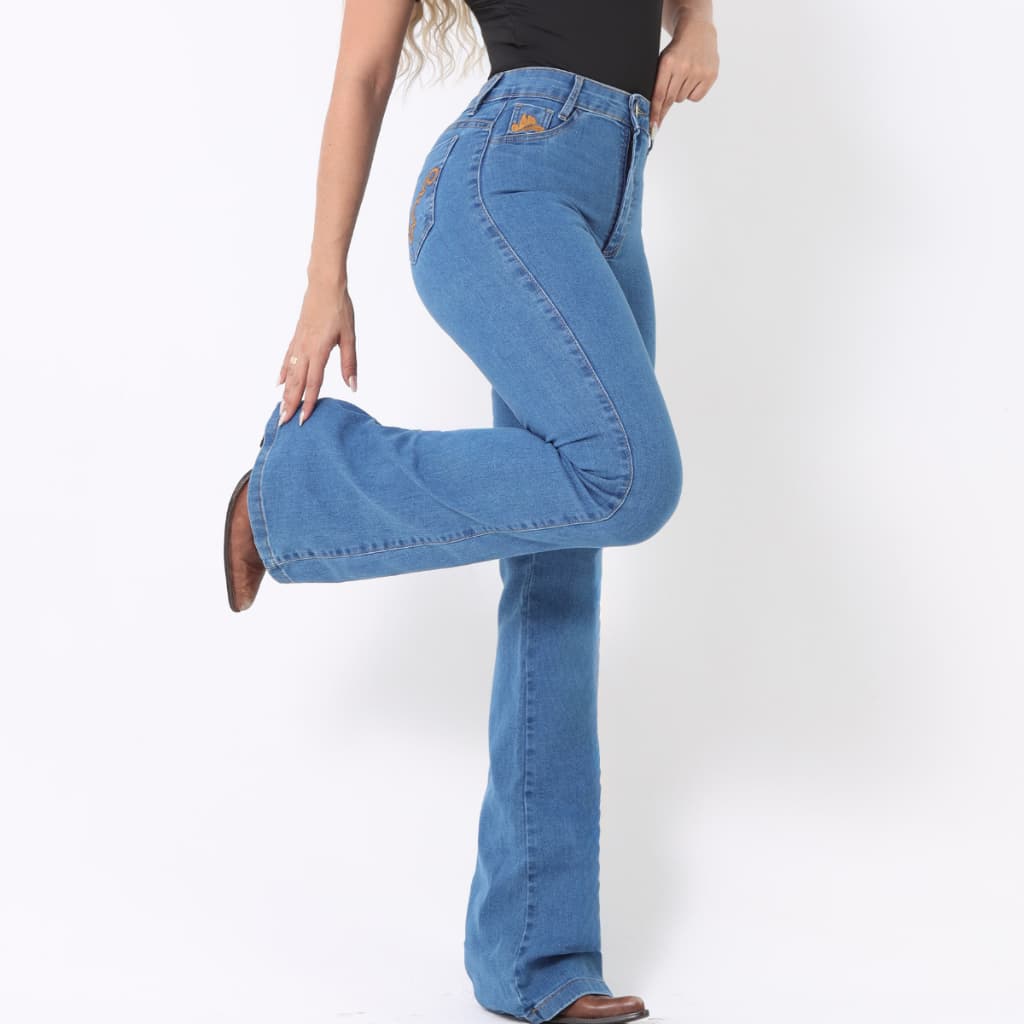 Calça Flare Feminina COUNTRY Cintura Alta Jeans Western Estilosa Com Lycra Elastano