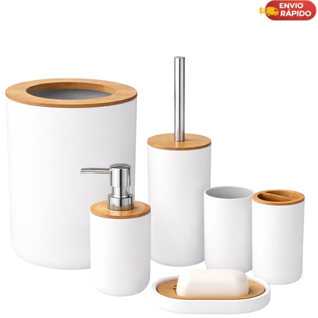 Kit Banheiro 6 Peças Premium Bambu & Branco Jogo Completo Lixeira Dispenser Organização Estilo Spa