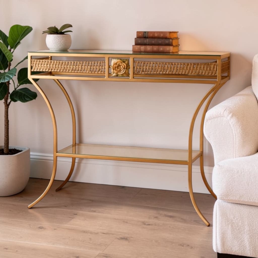 Aparador Mesa Sala Decoração Dourado 2 Prateleiras com Vidro Detalhe Junco 80cm Móveis Entrada Café