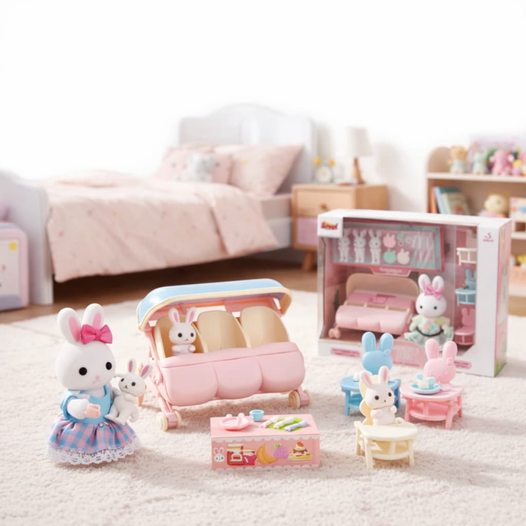 Casinha Feliz Carrinho de Trigêmeos ZP01378 Brinquedo Infantil com 3 Coelhinhos Bebê e Acessórios Completo Faz de Conta