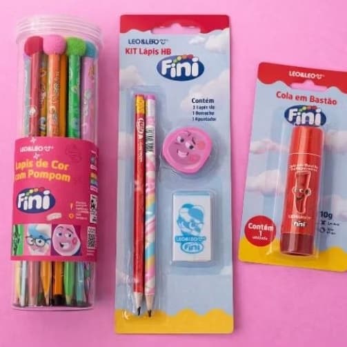 Kit Papelaria FIni Lápis com Borracha Apontador Cola Bastão Lápis de Cor com Pompom Escolar Papelaria fofa