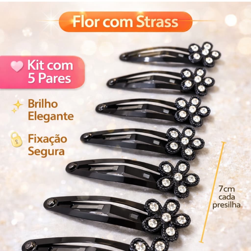 Kit 5 Pares Presilha Tic Tac Preto Flor com Strass 7cm Acessório de Cabelo Feminino