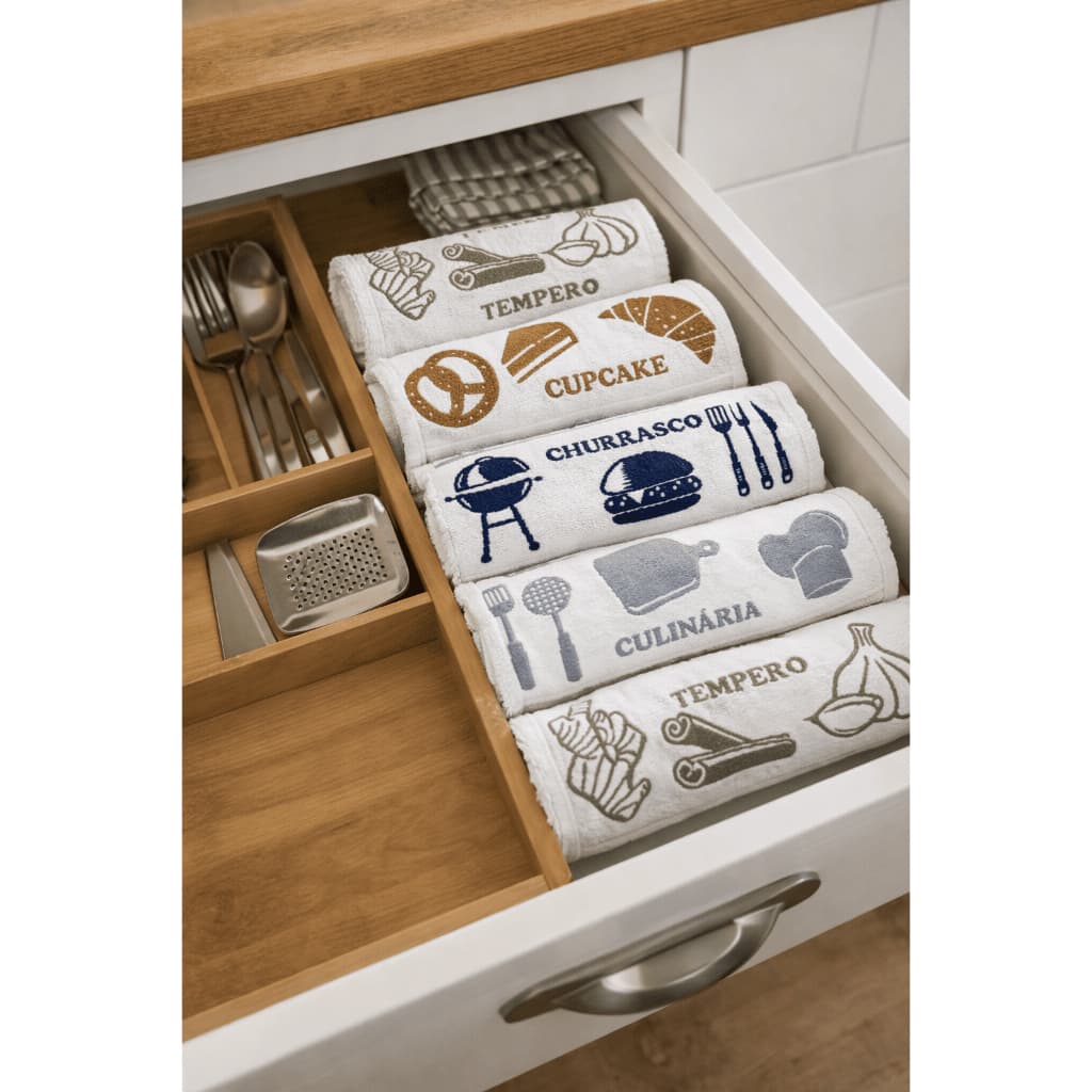 Kit 6 Panos de Copa Prato Cozinha Bordado Estampas Variadas Algodão Felpudo Gourmet